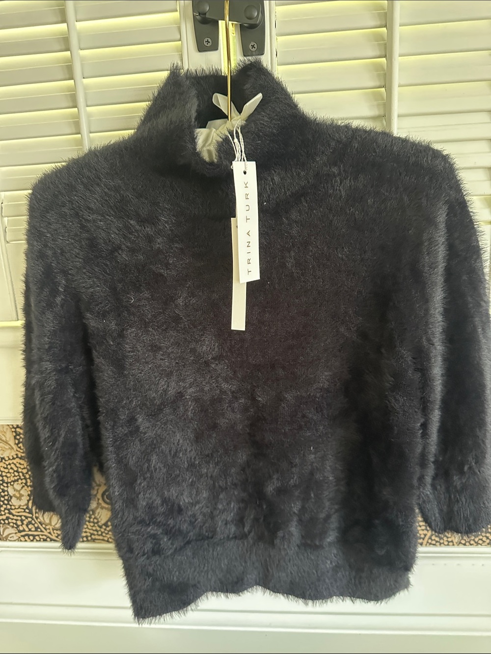 Trina Turk Black Fuzzy Mock Neck Sweater, size medium NWT